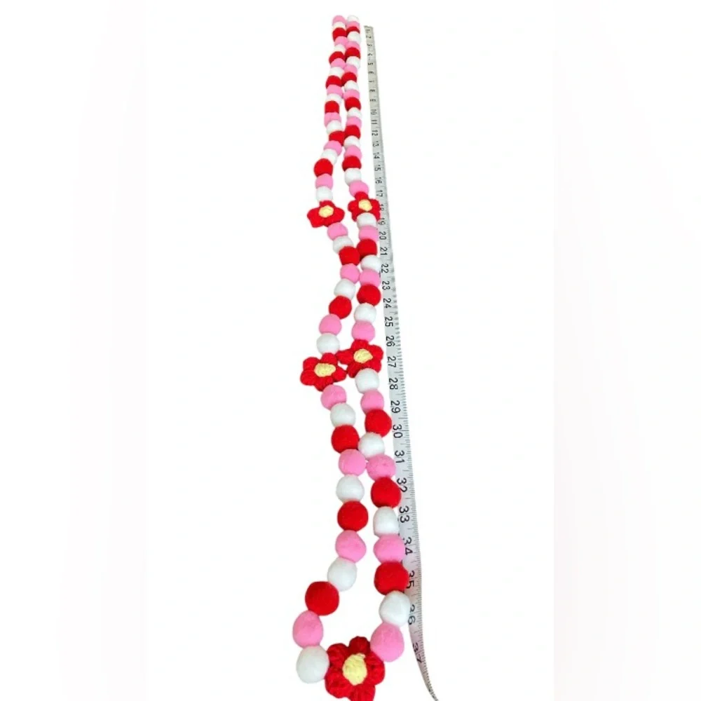 6ft Valentine's Day Red Pink White Florals Pom Pom Garland Handmade copper wire